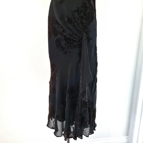 Vintage Y2K Silk Romantic Dark Floral Velvet Burnout Midi Dress - Picture 4 of 11